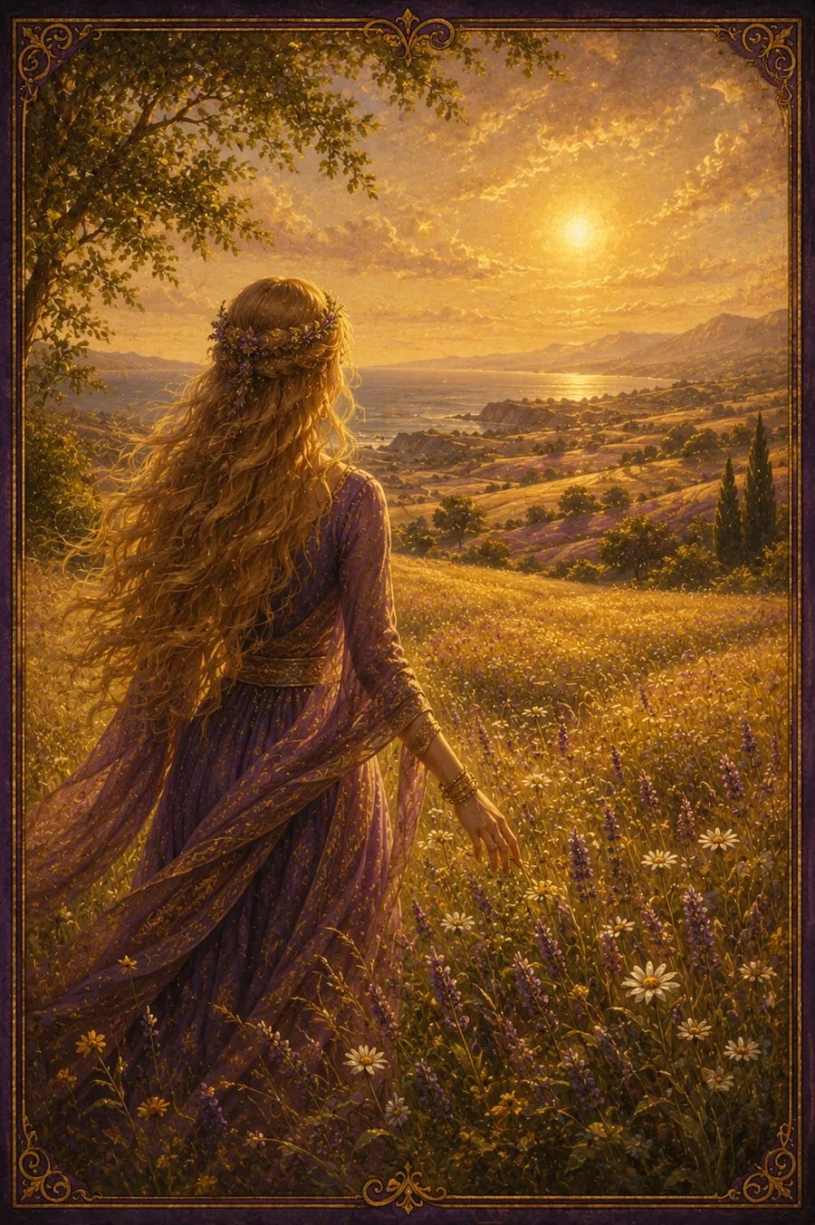 A golden-haired woman crowned with flowers, walking through a sunlit meadow above a distant sea.