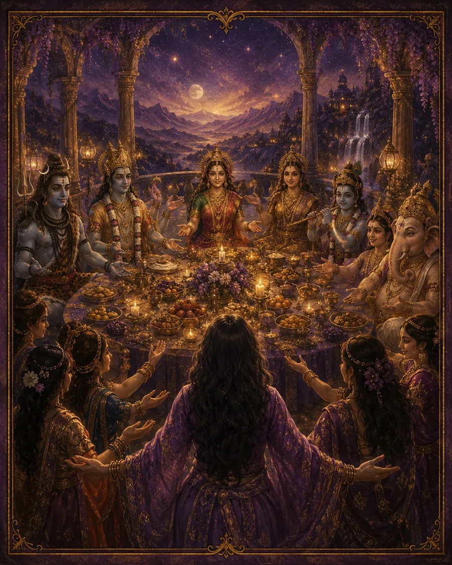 A gathering of deities around a candlelit banquet table, welcoming a figure who approaches with open hands.