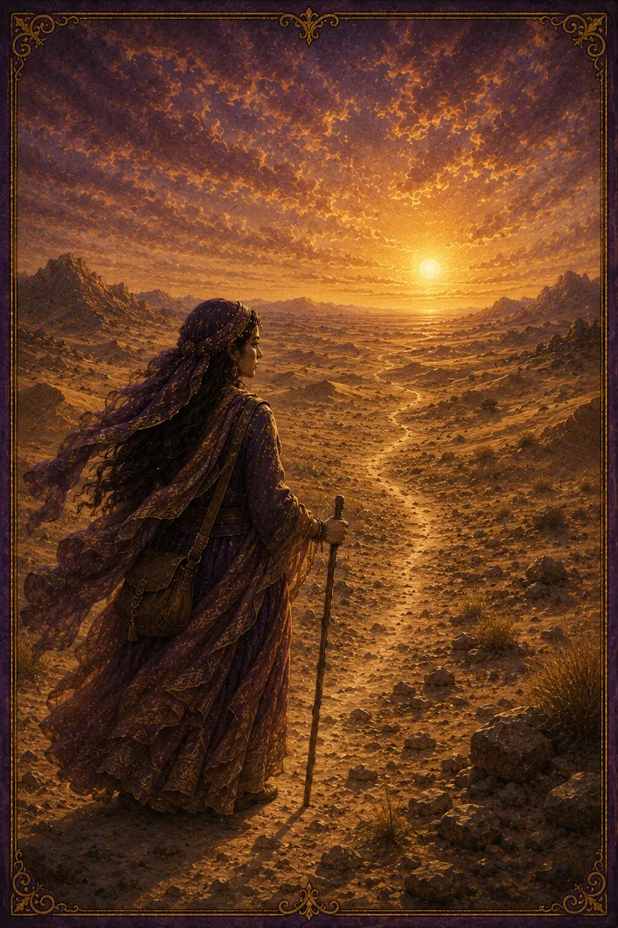 A robed traveller with a staff pausing on a desert path as the sun rises over the horizon.
