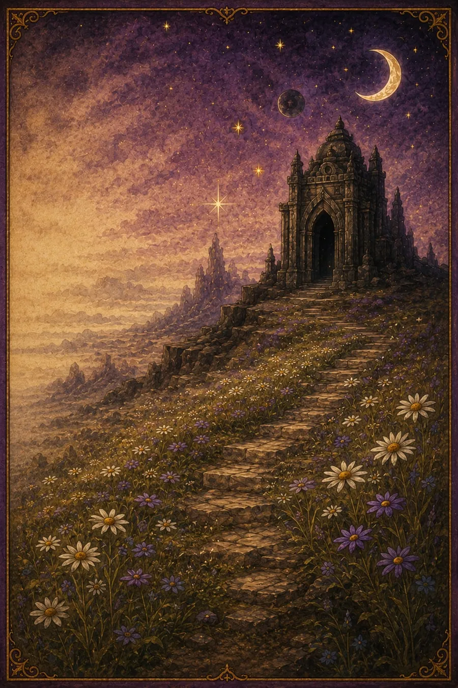 An illuminated temple crowning a flowered hillside beneath a crescent moon and a rising star.